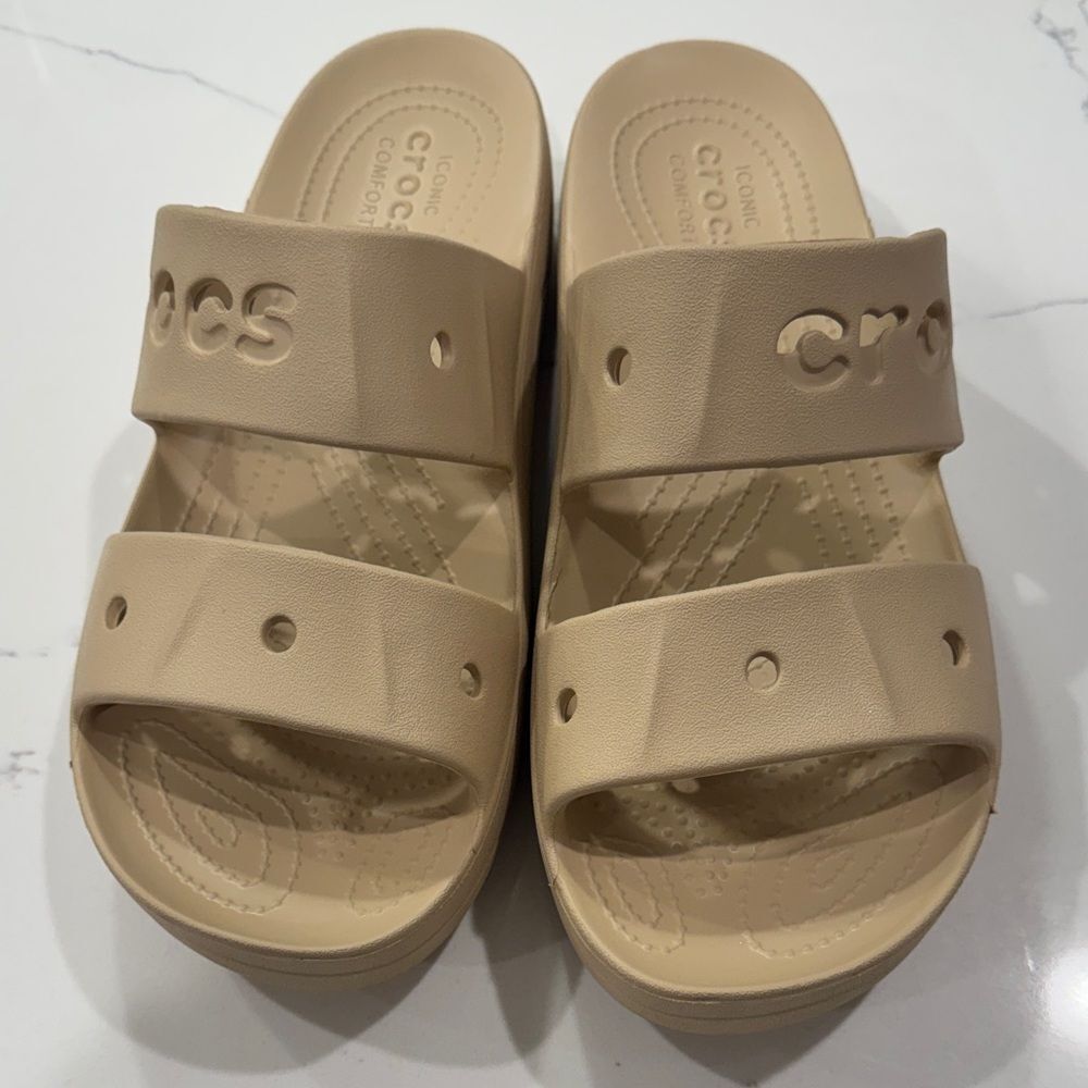 CROCS Baya Platform Tan Slide Sandals